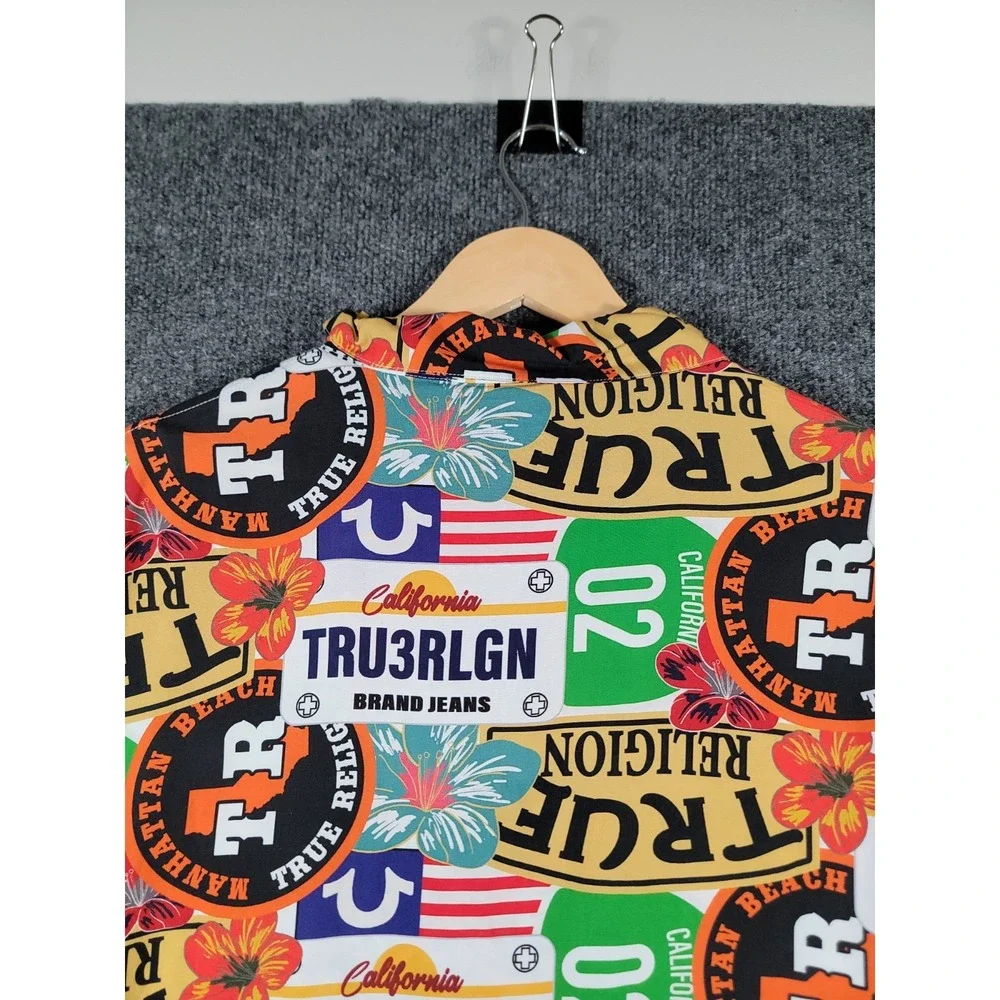 True Religion Camp Hawaiian Shirt Mens XL Loop Collar All Over Print NEW $90